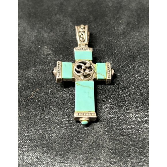 Stunning Sterling Silver Reversible Onyx MOP & Turquoise CROSS Pendant - Picture 2 of 4